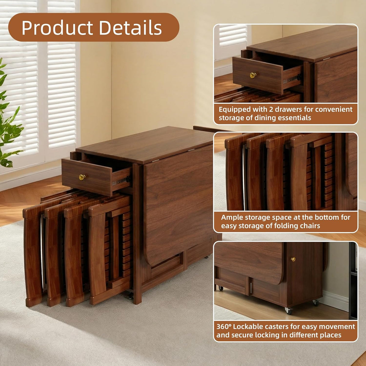 Drop Leaf Table and Chairs - 51" Fully Assembled Folding Dining Table 4-6 Seater with Storage and Lockable Wheels, Space-Saving Set with 4 Chairs for Kitchen or Dining Room (Walnut)