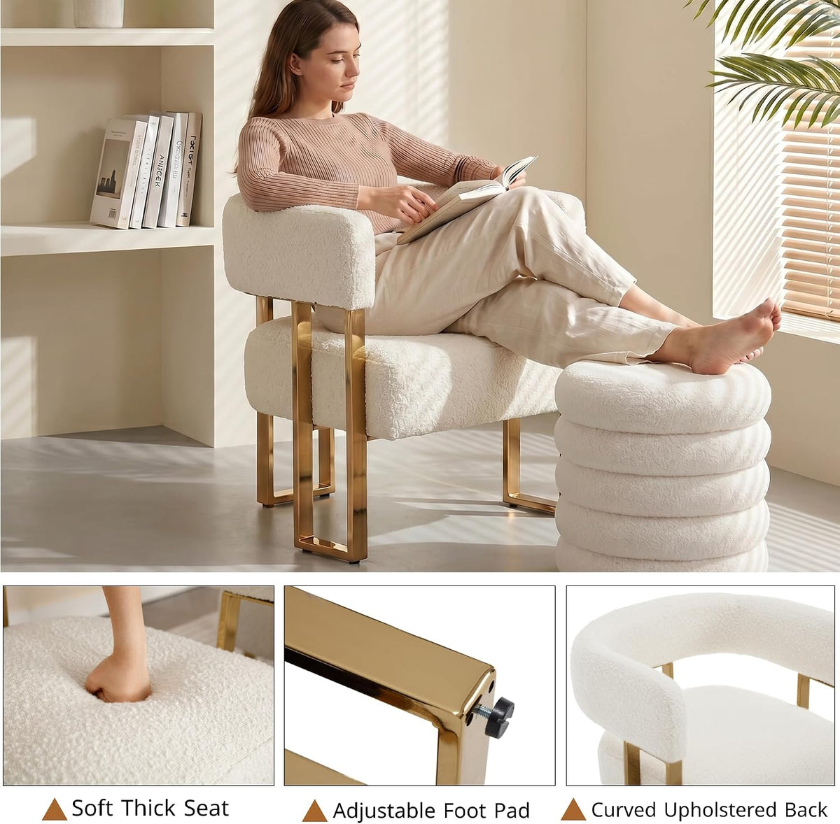 Barrel Accent Chairs Set of 2, Modern Side Chair with Golden Metal Legs, Sherpa Upholstered Reading Armchair, Boucle Club Chairs for Living Room/Reception Room/Bedroom/Office, White