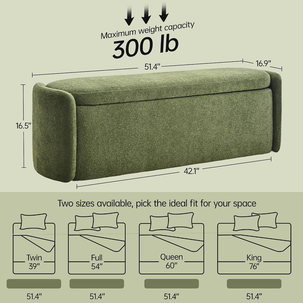 VKNOW Storage Bench, Upholstered Storage Ottoman Bench with Hinge, Green | Ottoman Bench with Large Capacity, Curved Frame, King Size Bench, Storage Bench for Bedroom, Living Room, Entryway, Window