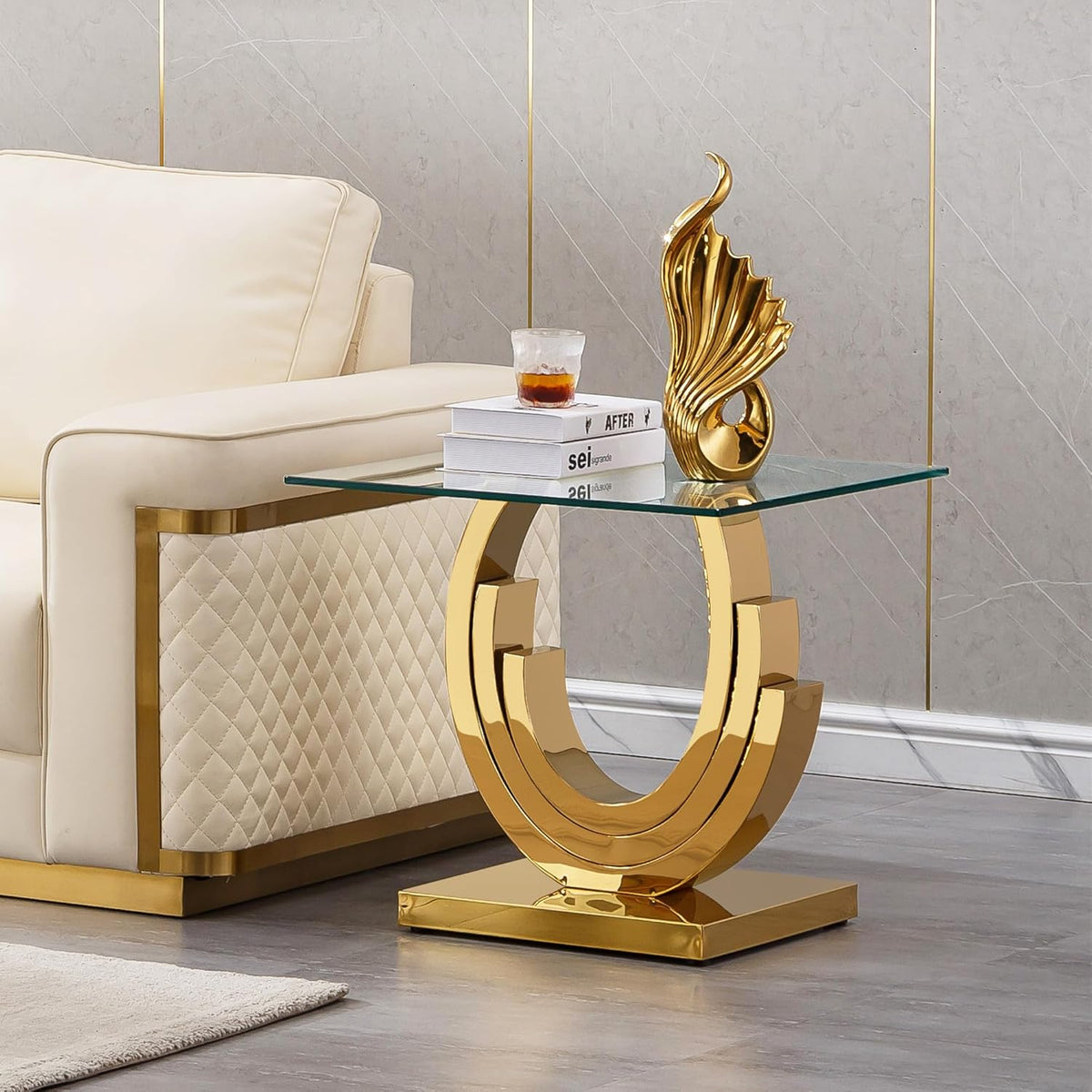 1 Piece Living Room End Table Luxury Glass Side Table, Elegant Gold End Table with Three Ring-Shape Stainless Steel Pedestal Base for Living Room Bedroom Office(1 End Table)