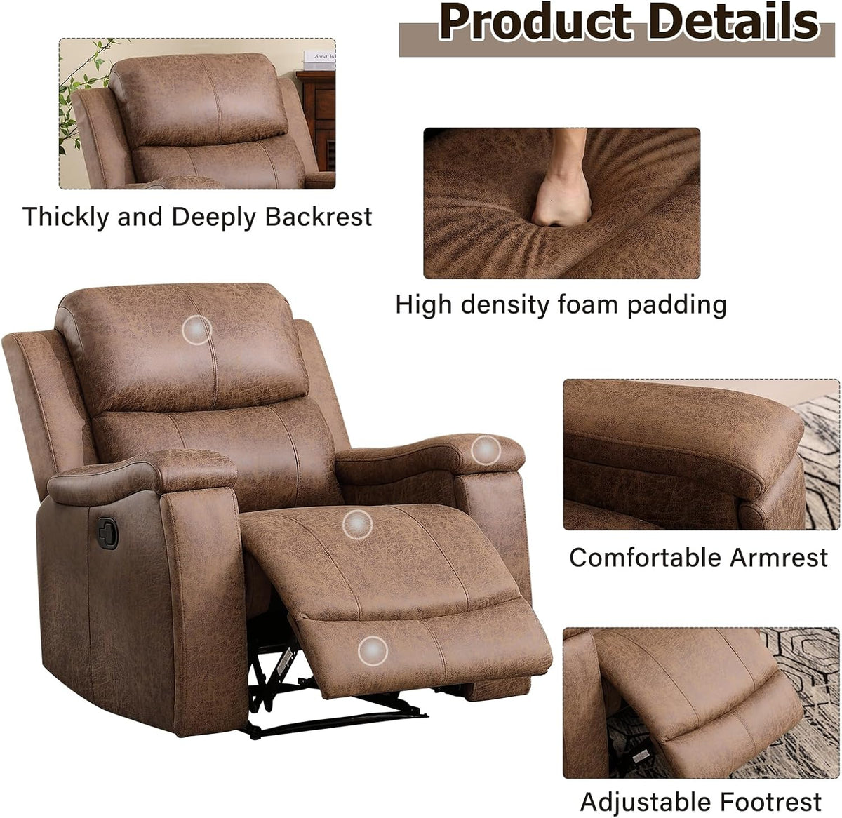 CANMOV Leather Recliner Chair, Classic and Traditional Manual Recliner Chair with Overstuffed Arms and Back, Manual Single Sofa with Concealed Cup Holders,Nut Brown