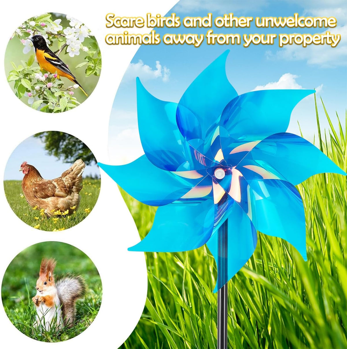 Hausse 10 Pack Reflective Pinwheels Wind Spinner, Extra Sparkly Pinwheel with Stakes, Bird Repellent Blinder Devices Deterrent to Scare Birds Away from Yard Patio Farm Garden, Transparent Blue