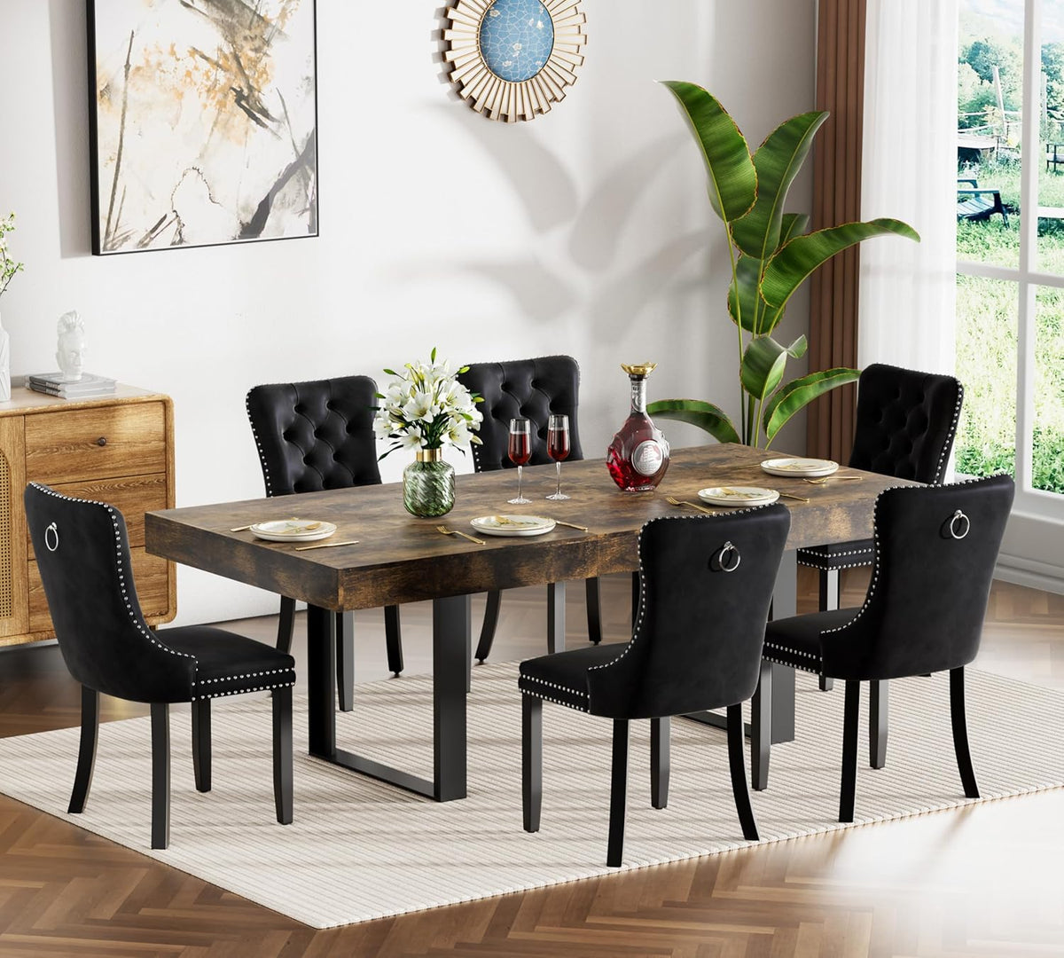 63"-78.7" Extendable Dining Table Set of 6, Rustic Brown Kitchen Dining Table & 6 Upholstered Velvet Chairs with Wood Leg, Modern 7 Piece Wood Expandable Kitchen Table Set