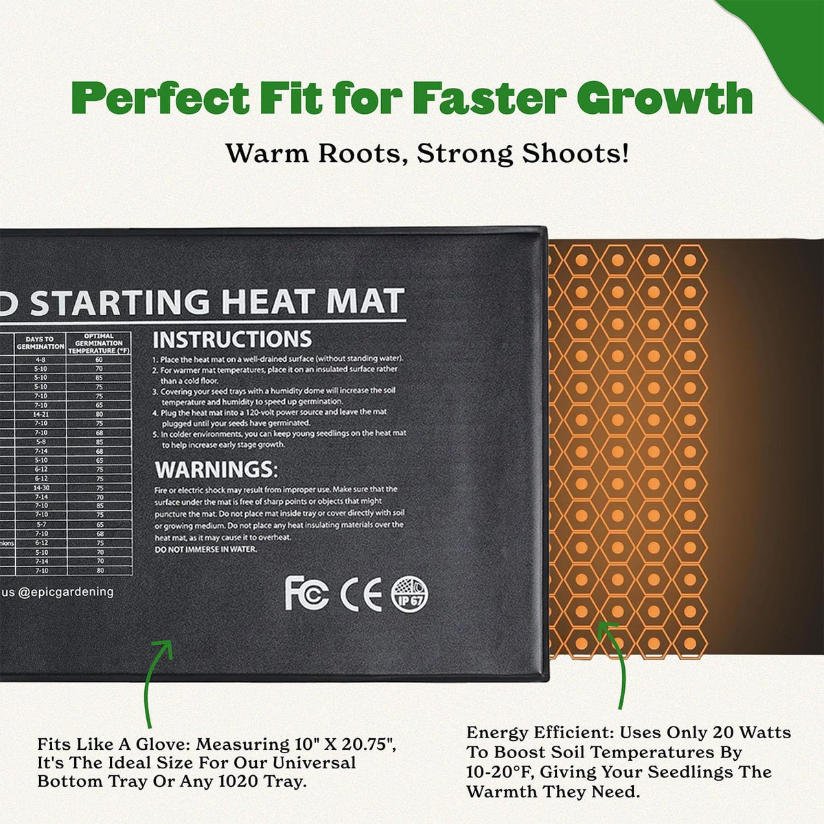 Epic Gardening Seedling Heat Mat for Plants – High-Performance 20W Heavy-Duty PVC Heating Mat for Seed Germination, Plant Growth, & Fermentation | Durable & Reliable Warmth for Indoor Gardening