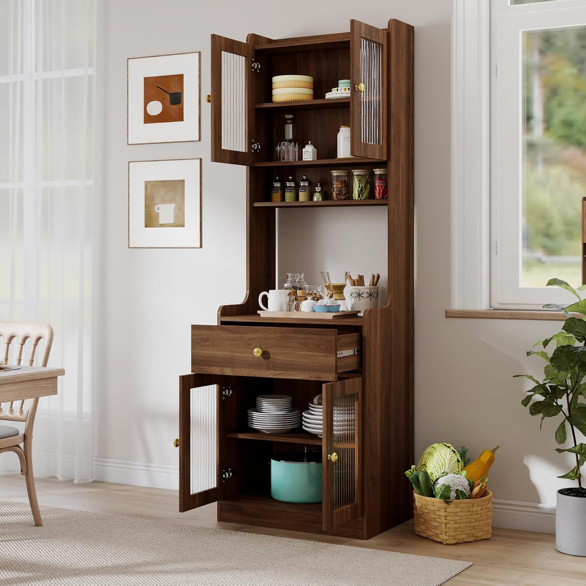 Runboll Tall Coffee Bar Cabinet with Hutch, Kitchen Pantry Cabinet with Microwave Stand, Farmhouse Storage Cabinet with Glass Doors & Drawers for Kitchen, Dining Room, Walnut