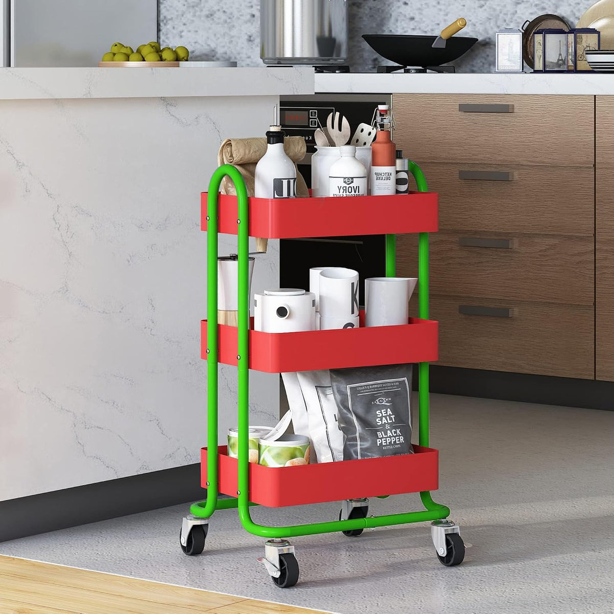 Metal Rolling Cart,3-Tier Metal Rolling Cart with Wheels,3 Tier Utility Cart with Wheels for Office,Home,Kitchen,Garden（13.4"x18.1"x31"） Red+Green
