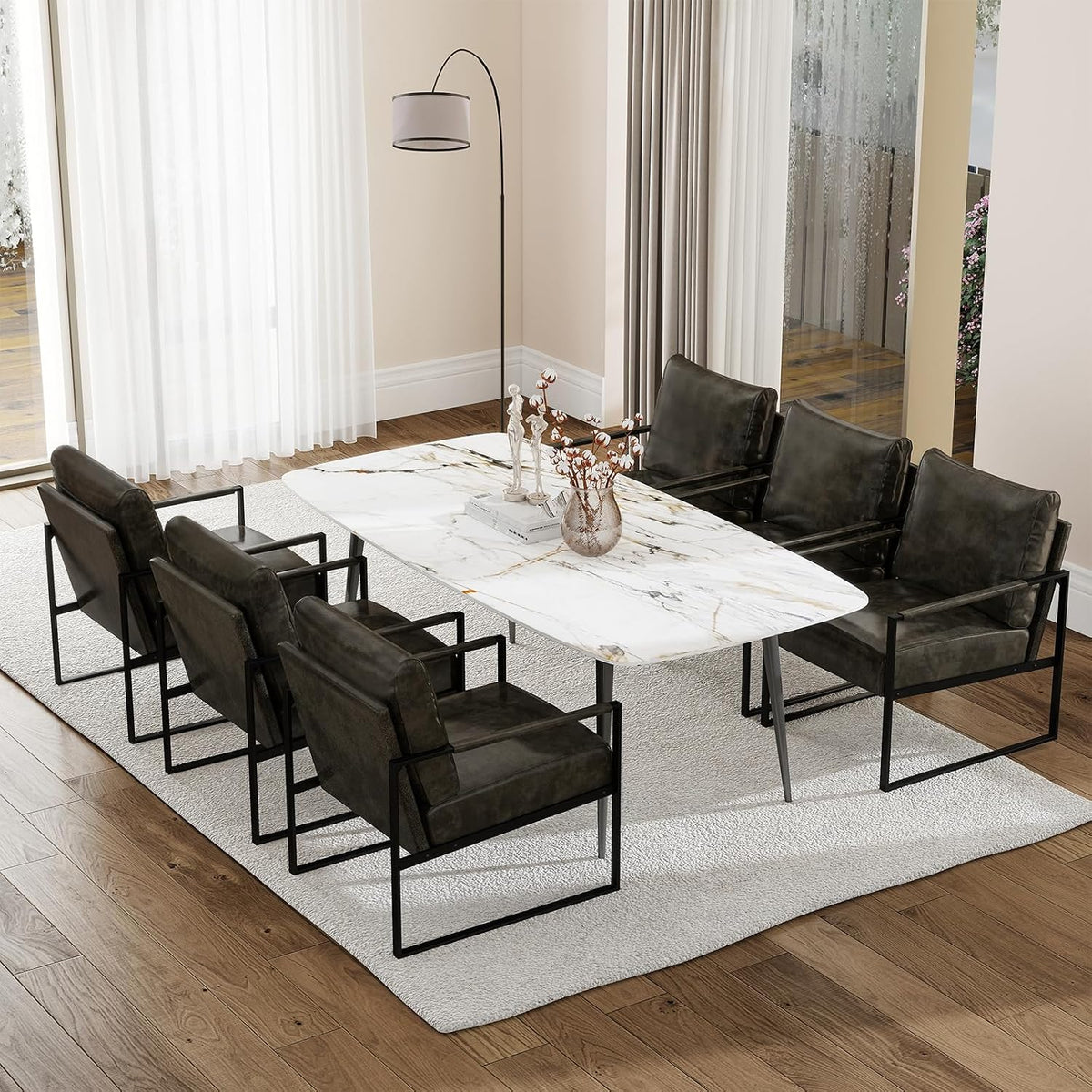 CANMOV Modern Accent Chair Set of 6, PU Leather Armchair with Metal Frame,Comfy Single Reading Chair with Soft Padded Backrest and Cushion for Living Room, Bedroom,Reading Room,Office,Dark Grey