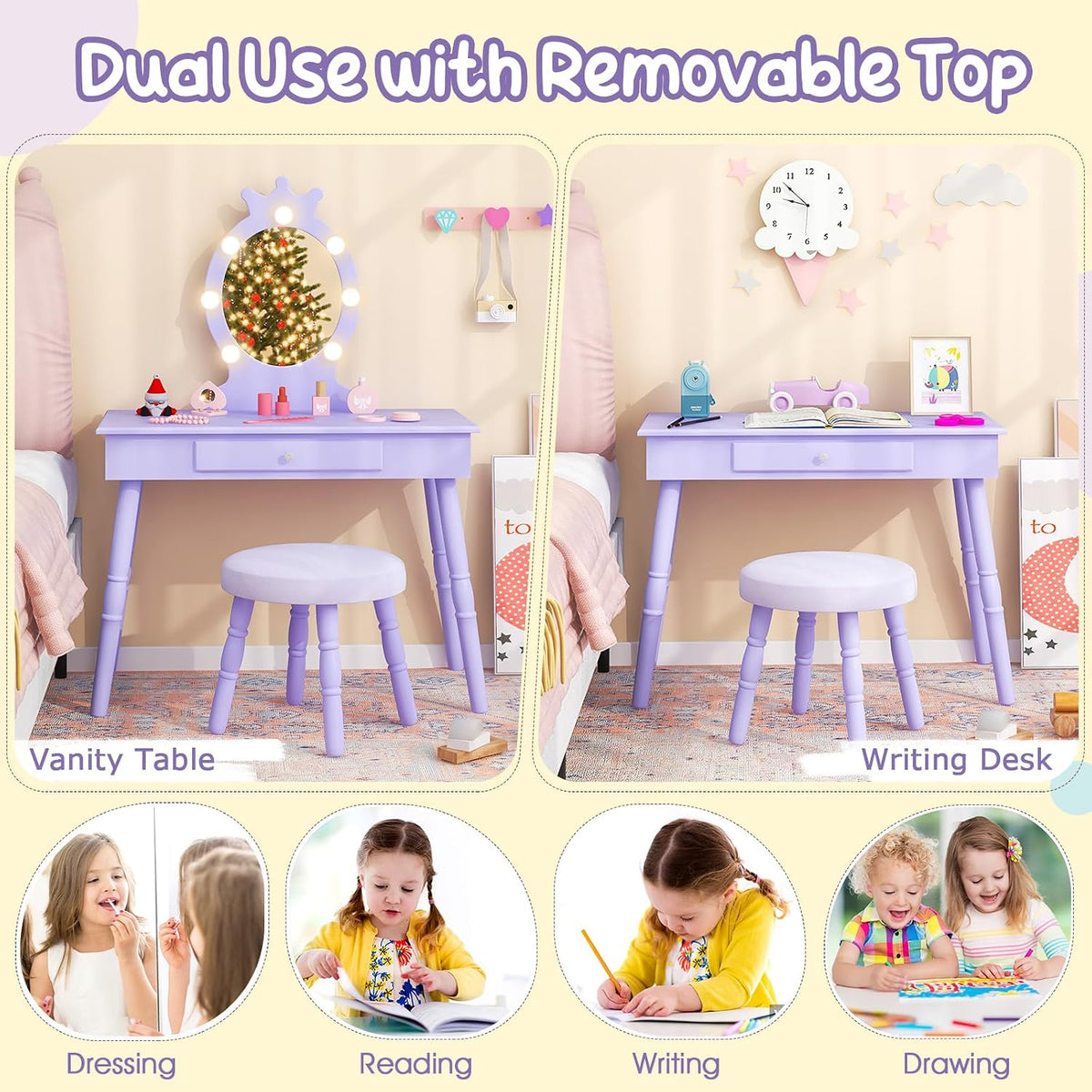 Costzon Kids Vanity, Girls Vanity Set with Mirror and Stool and Lights, Drawer, 2 in 1 Wooden Makeup Vanity Desk Dressing Table, Kids Vanity Table and Chair Set (Violet)