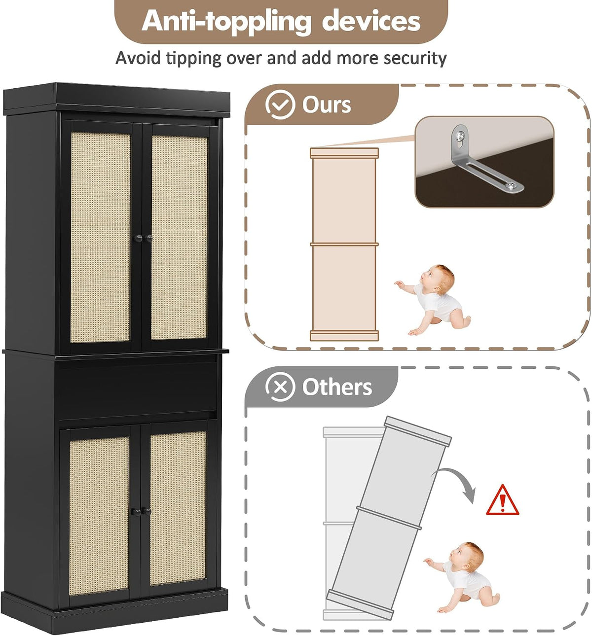 69'' Tall Pantry Cabinet with Rattan Doors, Slim Kitchen Cabinet for Narrow Spaces, Black Wood Storage Shelves with Drawer and Adjustable Shelves for Dining Room