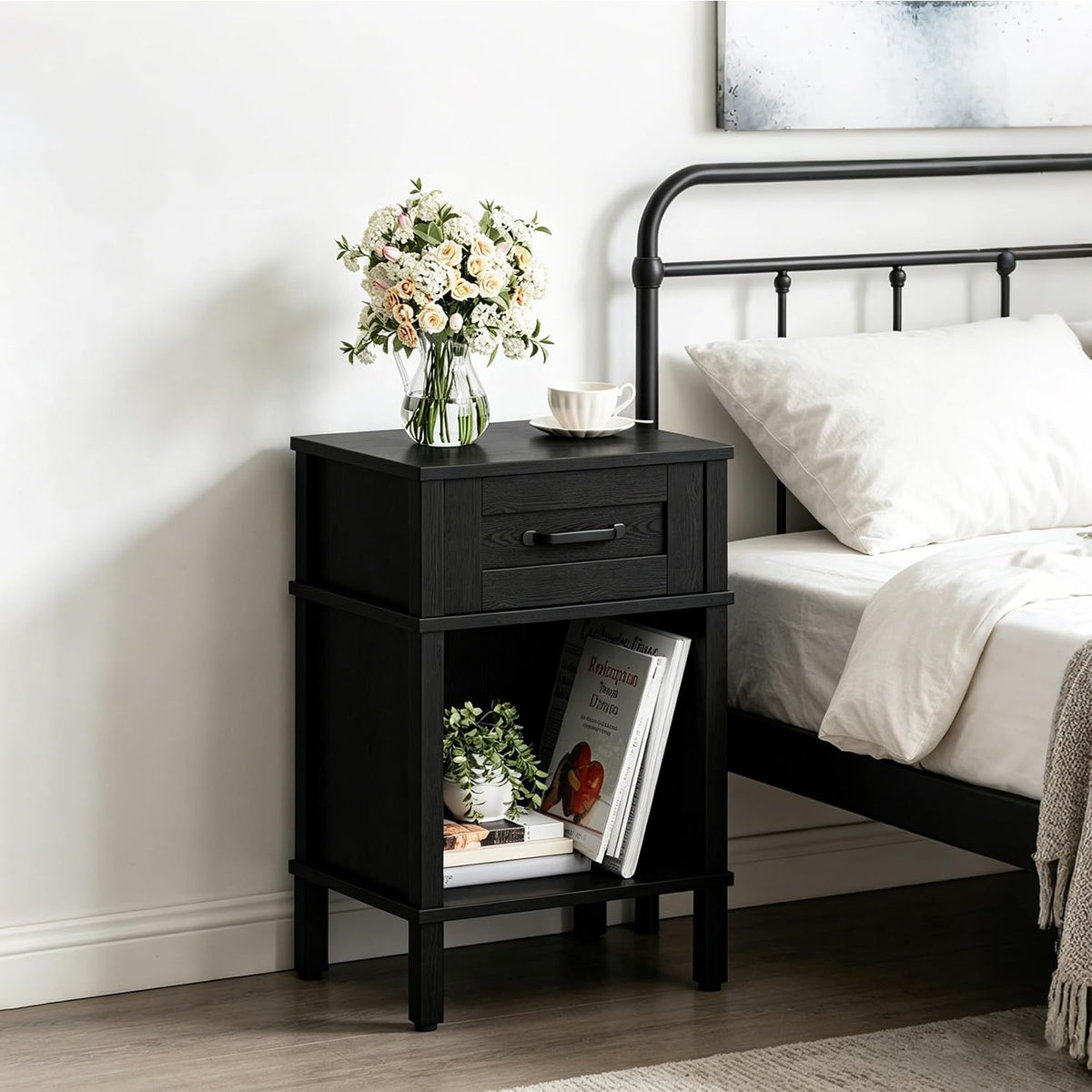 Black Nightstand with Drawers,Small Night Stand,Black Bedside Table