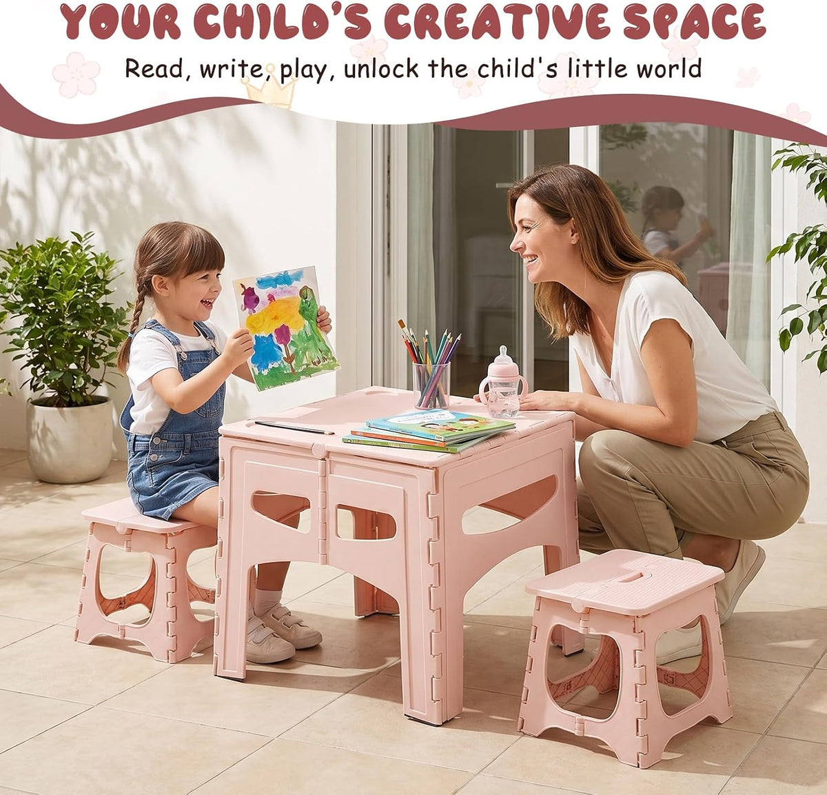 Kids Foldable Table and 2 Chairs Set, Portable Toddler Activity Table with Rounded Corners, PP Plastic Folding Picnic Set for Crafts, Snacks, Playroom, Patio, Indoor Outdoor Use