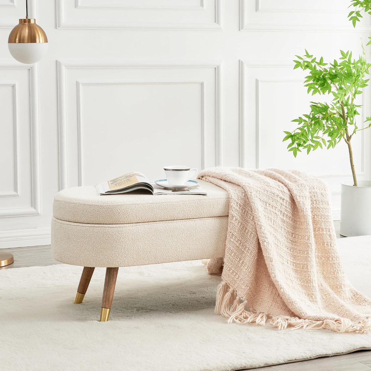 IAFIKE Oval Storage Bench 43.5" Ottoman Bench Upholstered Boucle Fabric Footrest Bench with Golden Metal Legs End of Bed for Bedroom, Living Room, Entryway,Bed Side (Beige)