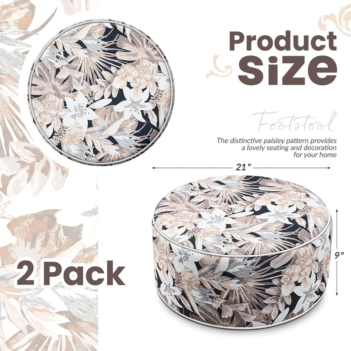 Cinnvoice 2 Pcs Inflatable Outdoor Ottoman Pouf Waterproof Round Footrest with Handle D21 x H9 Inch Indoor Outdoor Portable Footstool for Patio Garden Camping or Home Pool(Flower)