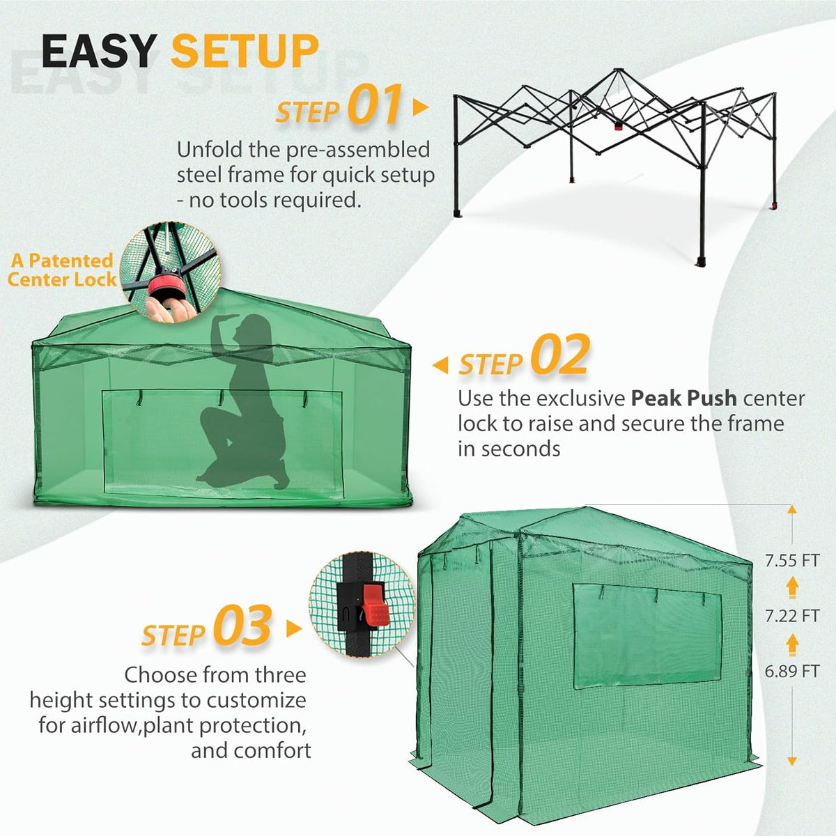 EAGLE PEAK Instant Pop-up Greenhouse, Indoor Outdoor Plant Gardening Green House, Roll-Up Zipper Doors and Side Windows, Walk in 8x6 ft, PE Cover, Green/Clear