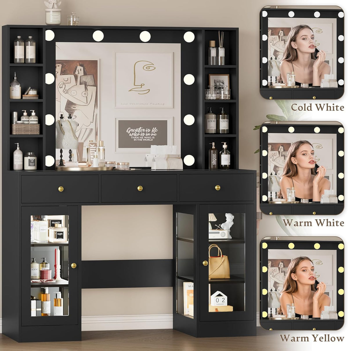 Wodeer Makeup Vanity Desk with Mirror and Lights, Black Vanity with Glass Top, LED Lights & Power Outlet, 3 Drawers & 2 RGB Glass Cabinets, Adjustable Lighted Dressing Table for Women & Girls Bedroom