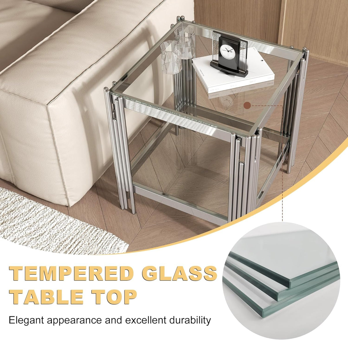 Square Glass End Table with Clear Tempered Glass Top & Silver Stainless Steel Legs, Modern 2-Tier Small Glass Side Table for Living Room, Home Office, Glass Accent Table Easy to Assemble