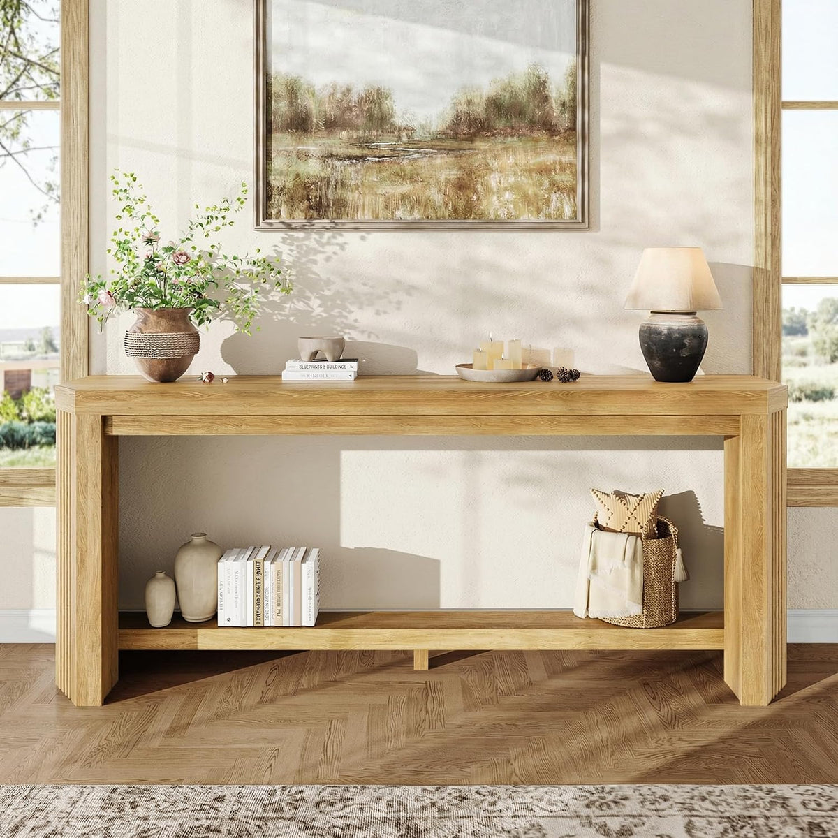 70" Console Table for Entryway, Narrow Long Sofa Table Behind Couch, Wood Couch Table with Open Storage, Easy Assembly Entryway Table for Living Room, Hallway, Foyer, Couch, Natural Oak