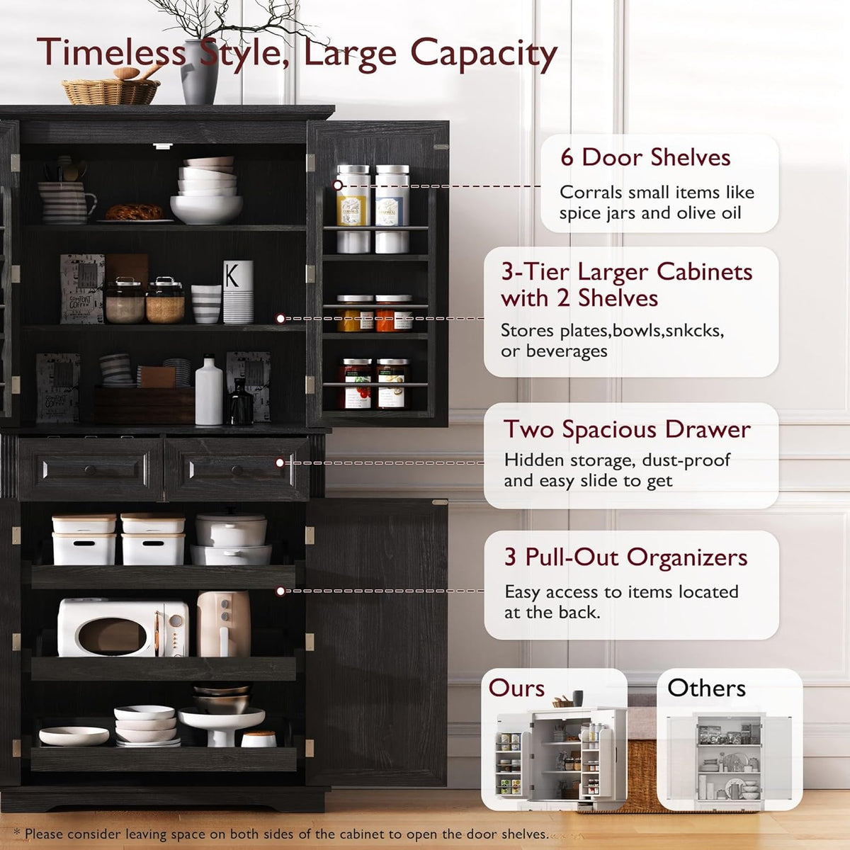 Tall Arched Pantry Cabinet with Pull-Out Cabinet Organizers, Brown | 71"H Farmhouse Storage Cabinet with 6 Door Shelves, 2 Drawers, Anti-Tipping, Embossed Texture for Dining Room