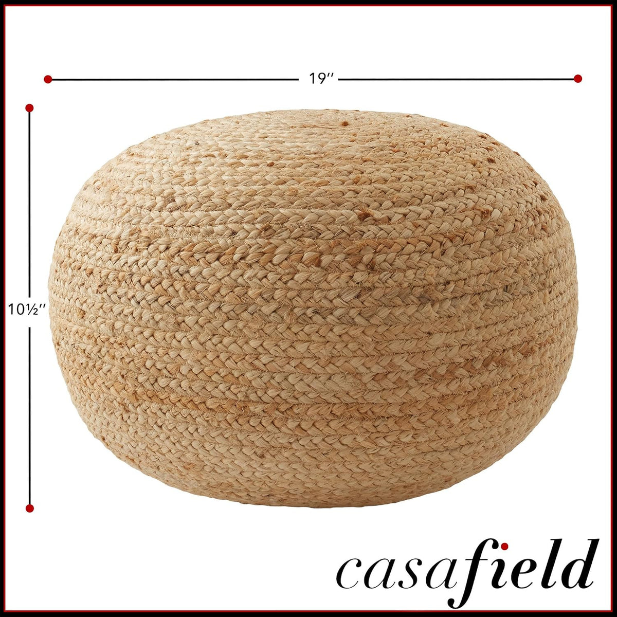 Casafield Hand-Braided Jute Pouf Ottoman Footrest, 19" W x 19" D x 10-1/2" H - Round, Natural Woven Boho Floor Cushion, Home Decor for Living Room