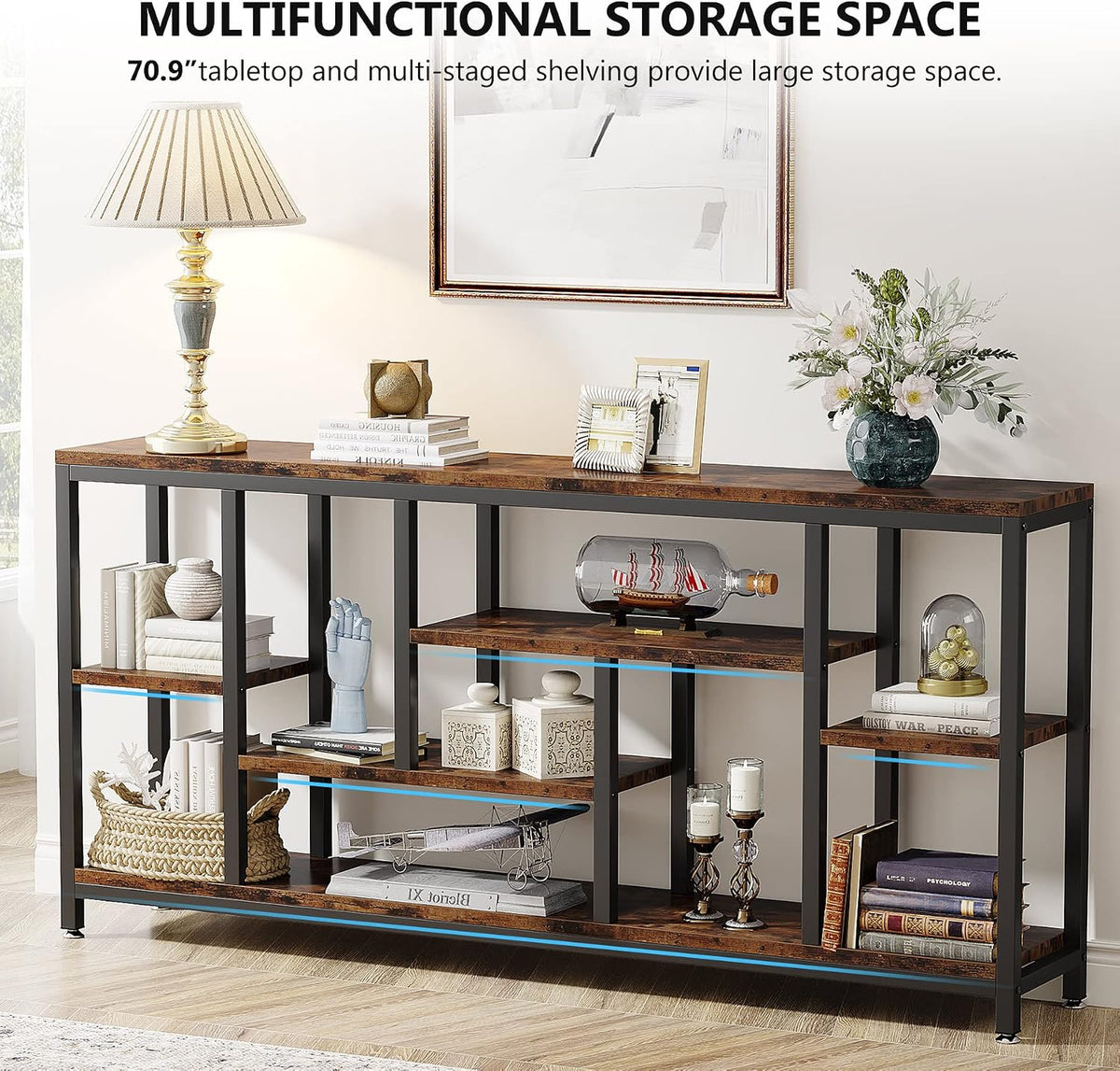 Tribesigns Console Sofa Table, 70.9 inch Extra Long Table Behind Couch with Storage Shelves, 3-Tier Industrial Narrow Entryway Hallway Accent Table for Living Room, Rustic Brown