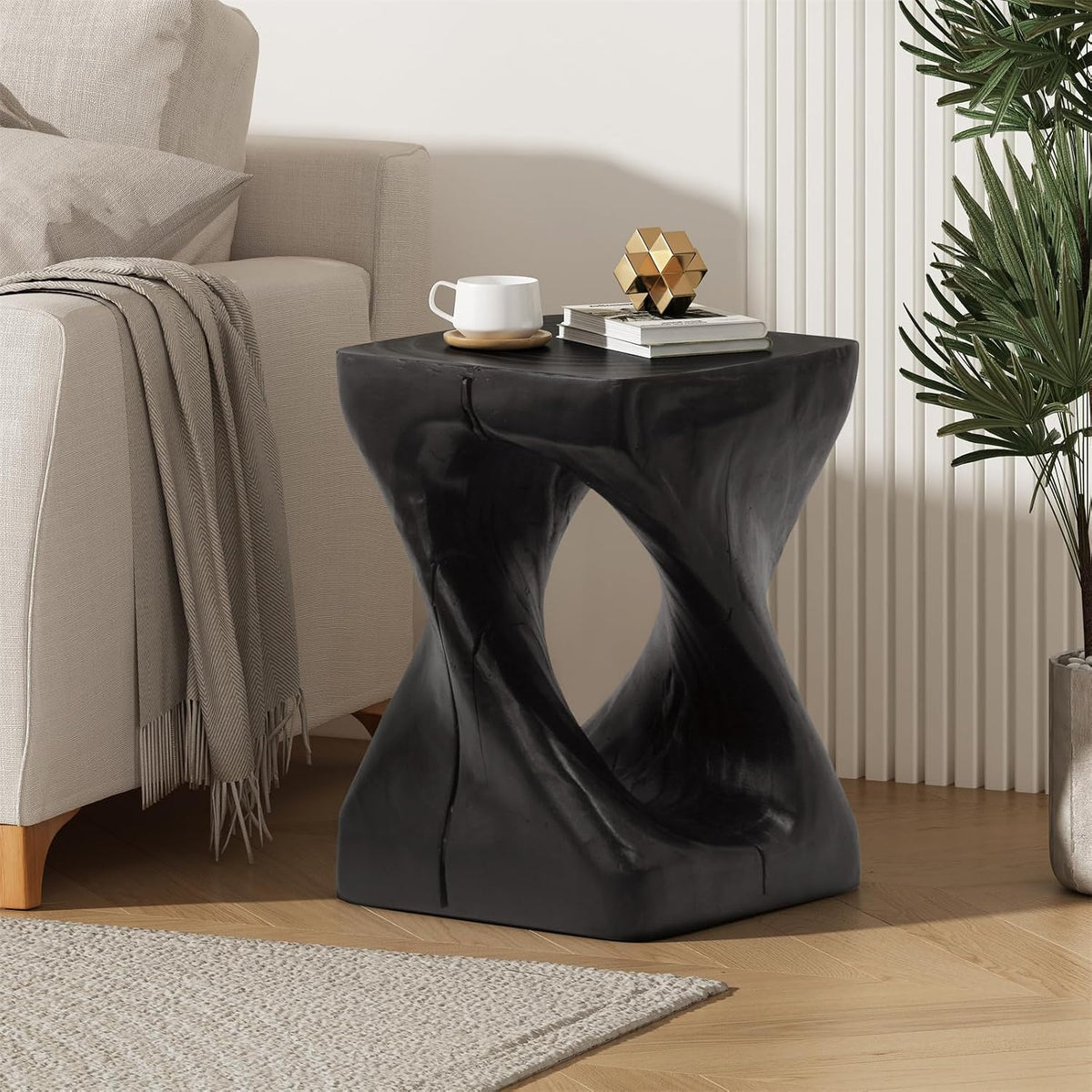 Modern Unique Design Accent Side Table Indoor Outdoor, Weatherproof, Magnesium Oxide End Table for Living Room, Bedroom Night Stand Bedside Table, No Need Assembly, 11.7''L x 11.7''W x 16''H, Black
