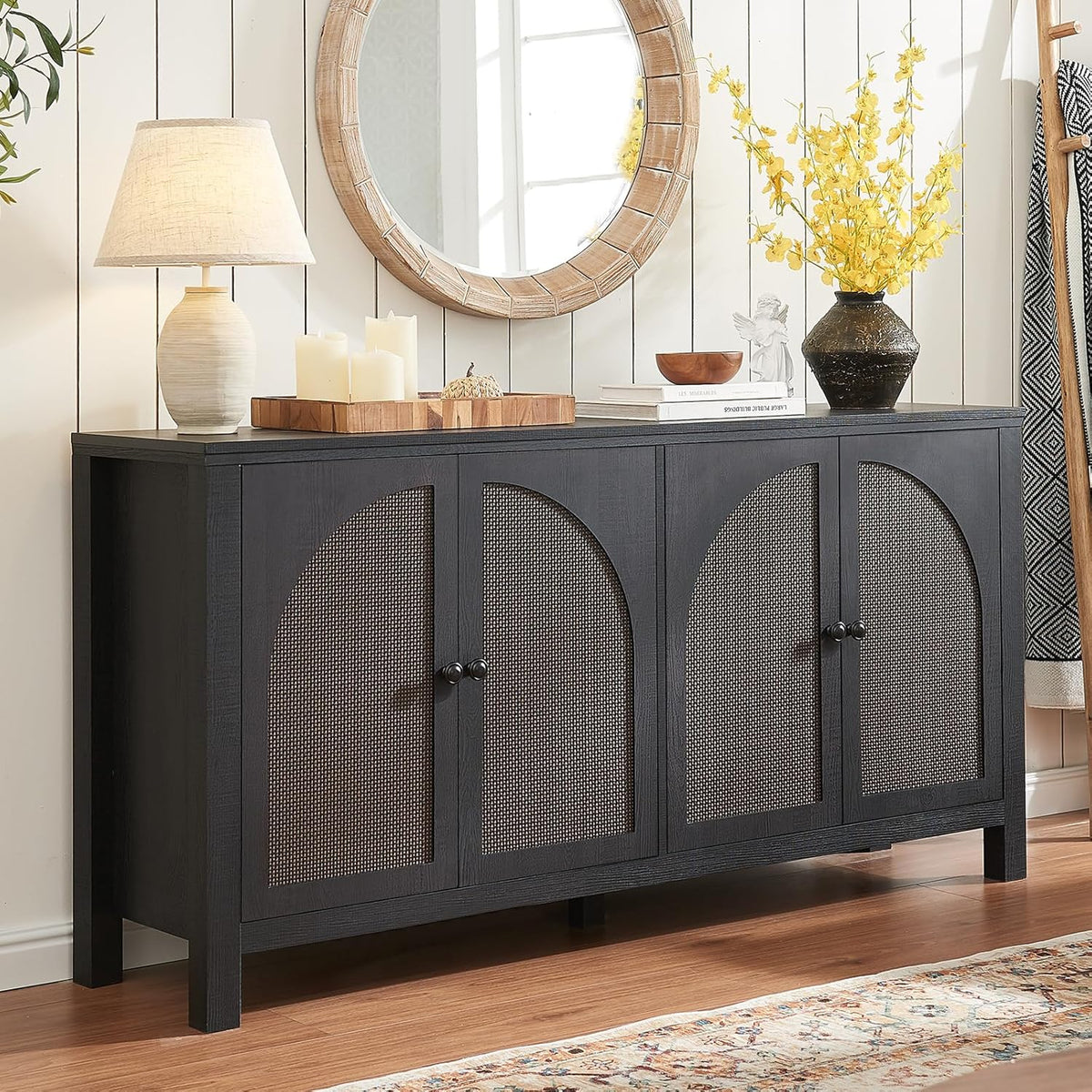 Okvnbjk Sideboard Buffet Cabinet with Storage, 60inch Kitchen Buffet Table with Soft Closing Door Hinges, Rattan Coffee Bar Cabinet for Living Room, Dining Room, Black