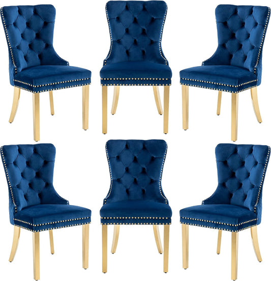 Dining Chairs Set of 6, High-end Back Lion Head Ring with Rhomboid Pattern | Elegant Button Tufting, Add Luxury to Dining Room, Bedroom, or Living Space, Durable Easy-clean Blue Velvet, Gold Legs