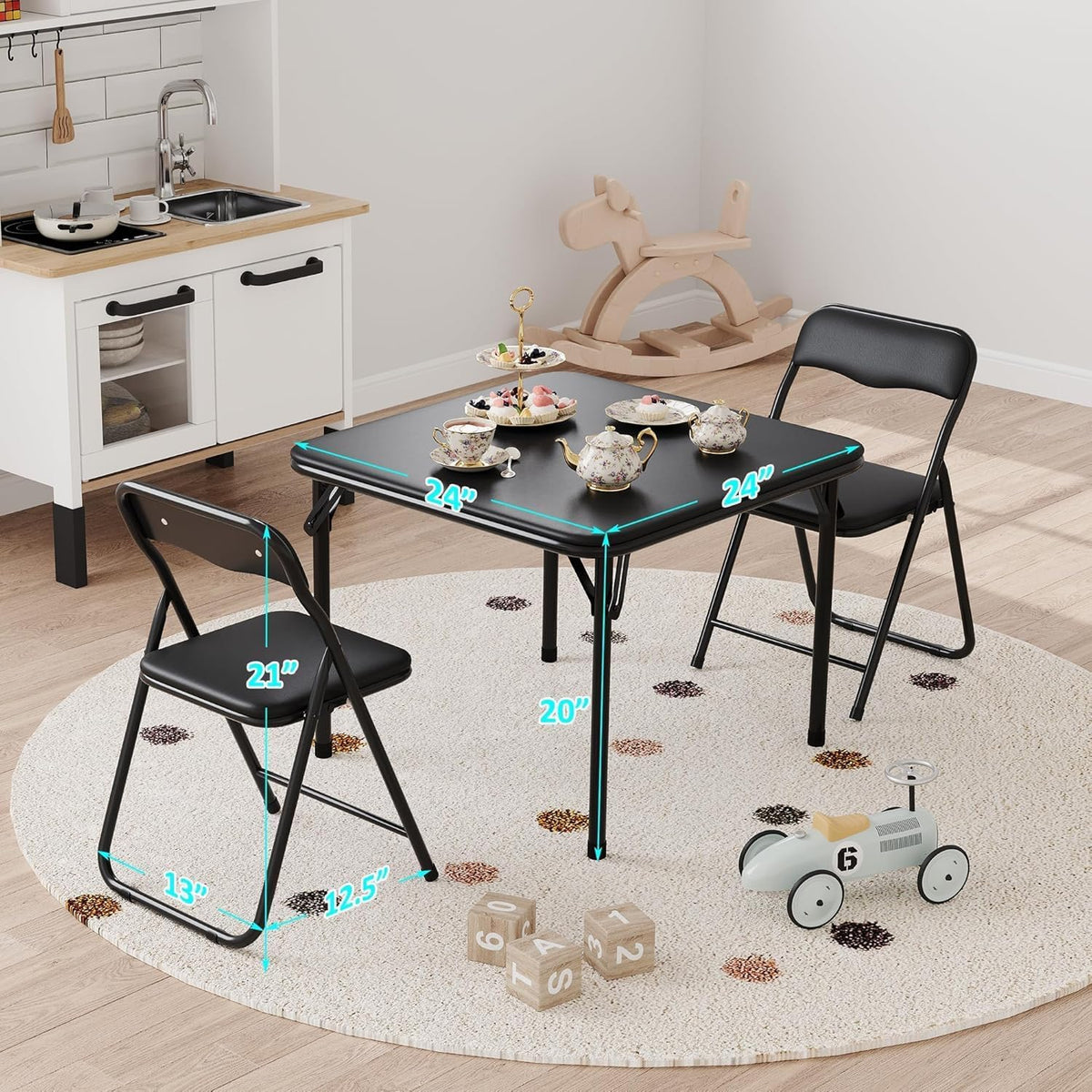 3-Piece Folding Card Table and Chairs Set for Kids, 24 Inch Square Foldable Table with 2 PU Cushion Padded Chairs, Steel Frame Space Saving Set for Game Room, Multipurpose Room, Indoor Use, Black