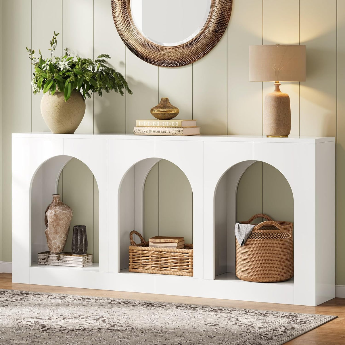 Tribesigns 70.9" White Console Table with Storage, Wood Entryway Entry Table with 3 Arched Shelves for Foyer, Hallway, Living Room, Behind Couch Sofa, Narrow Long