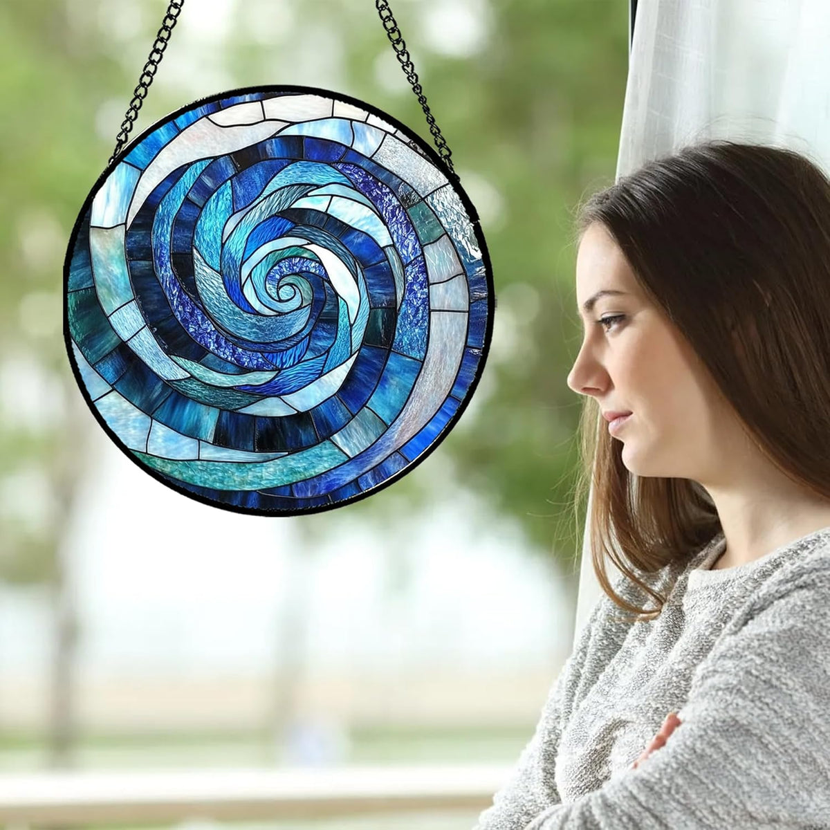 Stained Glass Window Hanging - Blue Abstract Swirl Suncatcher for Doors Garden Patio Unique Sun Catchers Decor Christmas Mother's Day Birthday Gifts for Women Men Mom Nana Friend 6.3 in