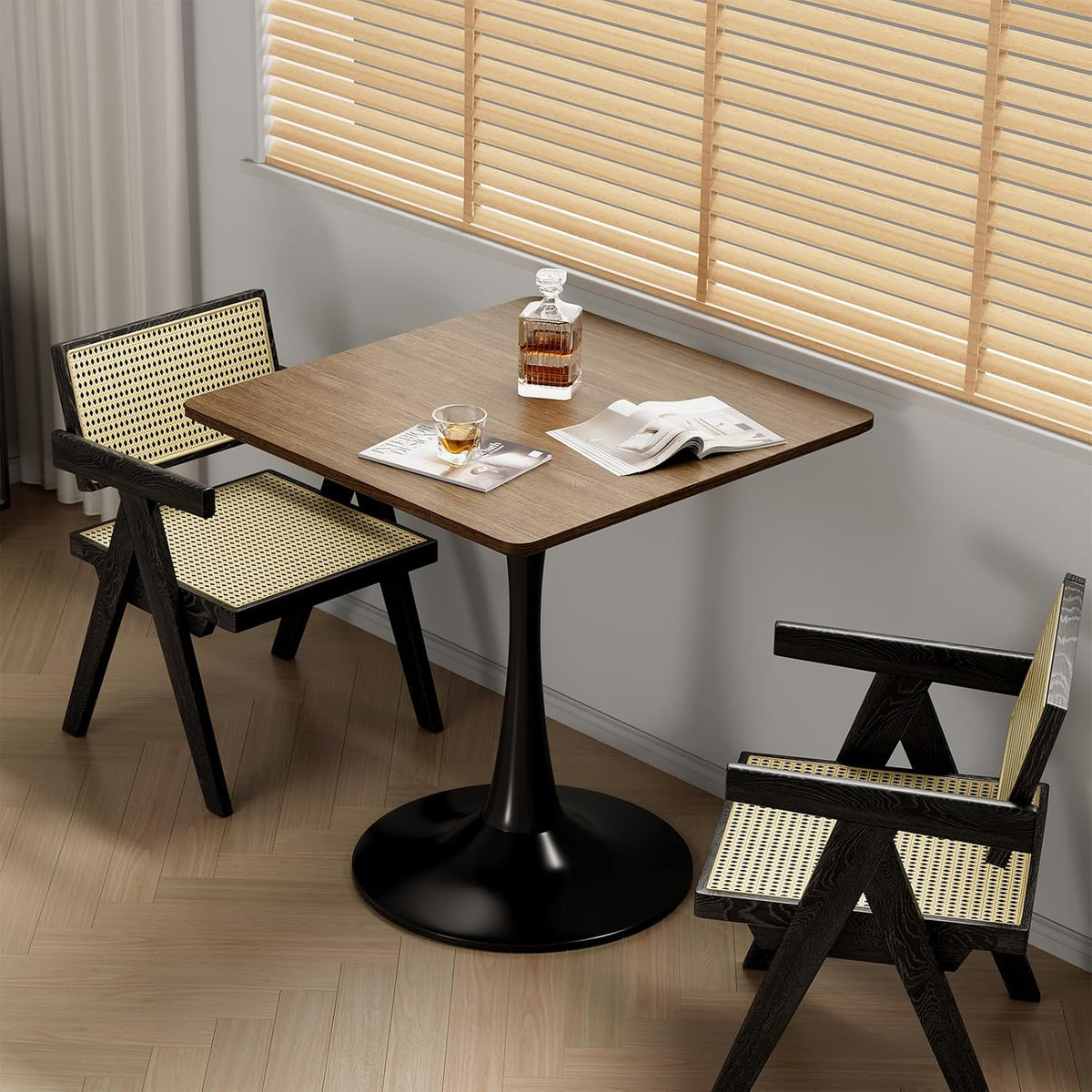 Walnut Square Tulip Table for 2, 24 Inch Small Dining Table with Metal Pedestal Base for Kitchen, Mid-Century Modern Table with Round Corners for Living Room, Cafe and Home Office