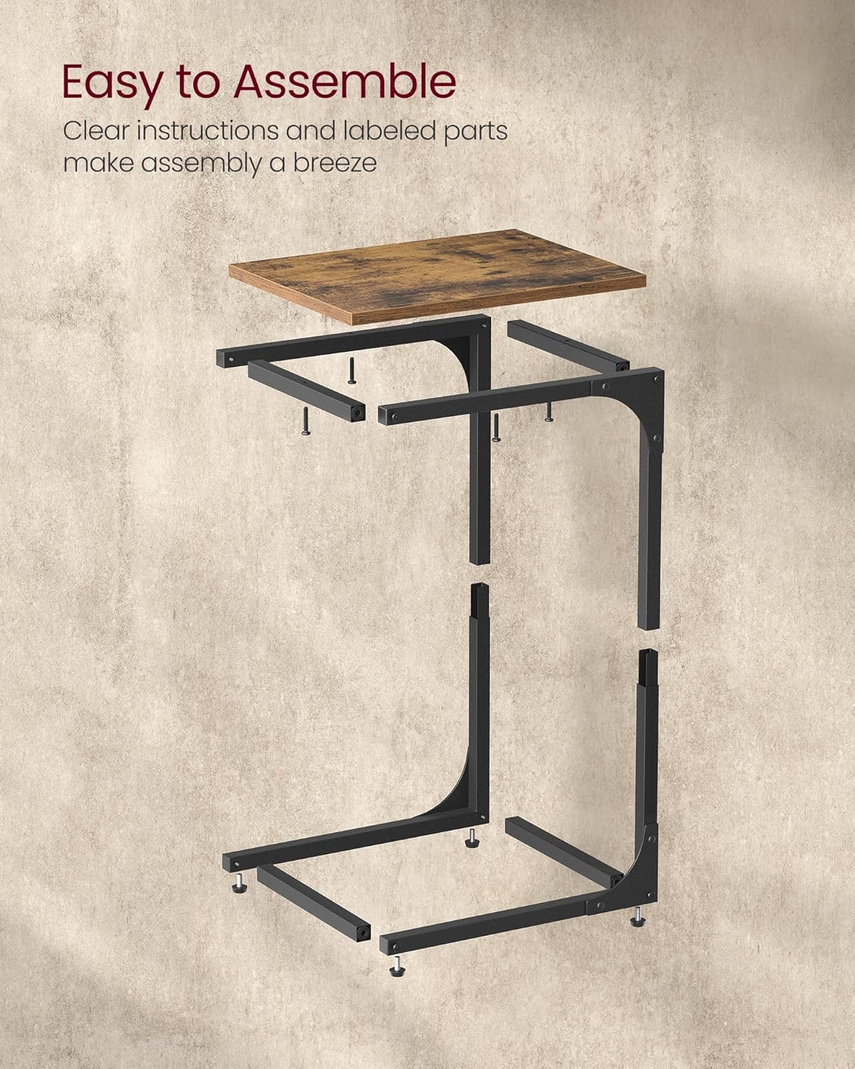 VASAGLE C-Shaped End Table, Small Side Table for Couch, Sofa Table with Metal Frame for Living Room, Bedroom, Bedside, Rustic Brown and Black