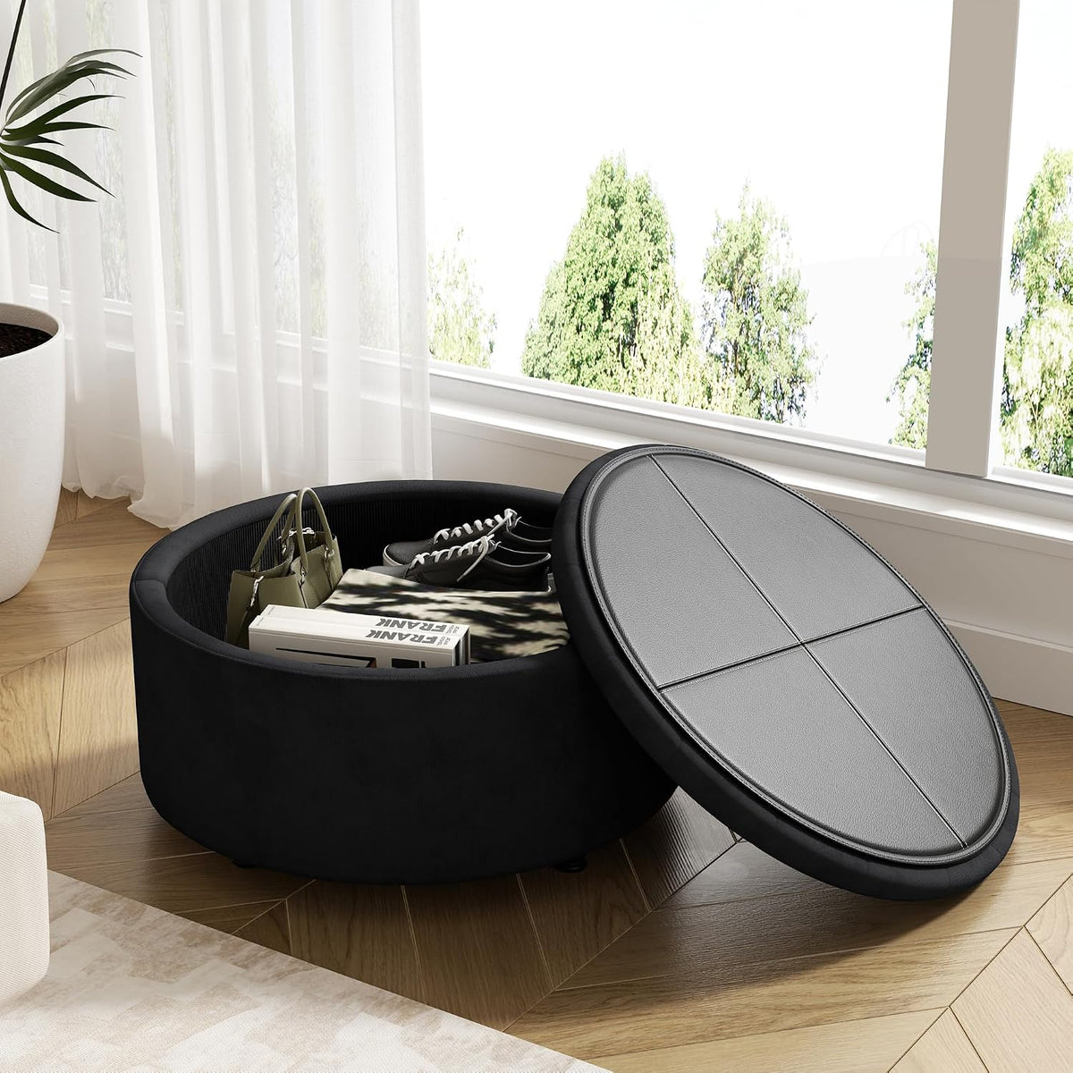 30 Inch Round Storage Ottoman,Modern Tufted Ottomans,Circular Coffee Table with Removable Top,Upholstered Large Ottoman with Storage Footrest Stool for Bedroom Living Room (Black)