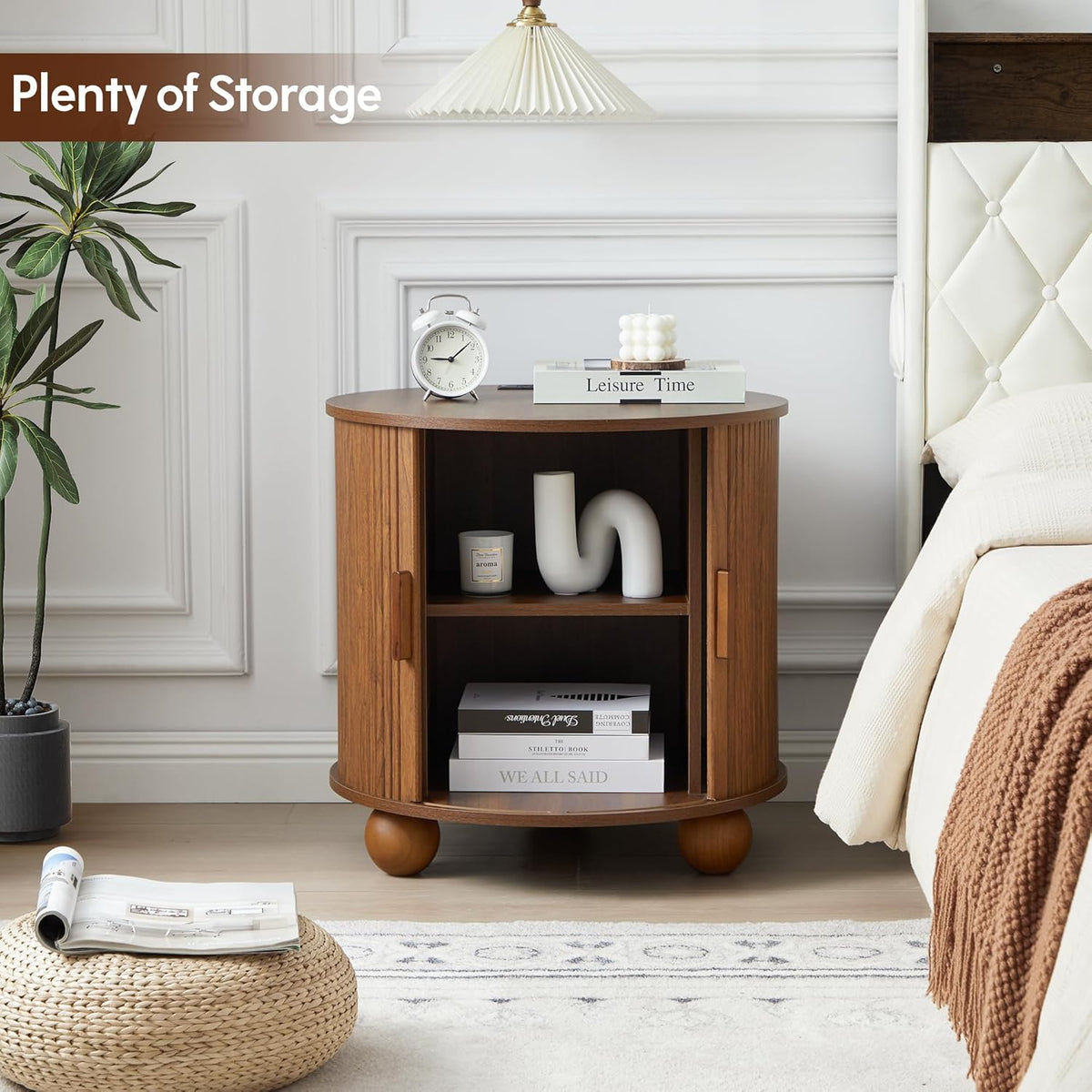 AVZEAR 24" Large Round End Table with Charging Station, Farmhouse Fluted Sofa Side Table with Sliding Tambour Door & Storage, Mid-Century Wood Nightstand for Living Room, Bedroom, Walnut