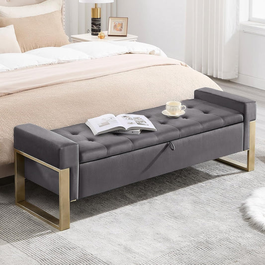 End of Bed Storage Bench, 67'' Benches for Bedroom Foot of Bed King Size, Upholstered Velvet Tufted Storage Ottoman Bench with Gold Legs for Window Living Room Entryway, Grey