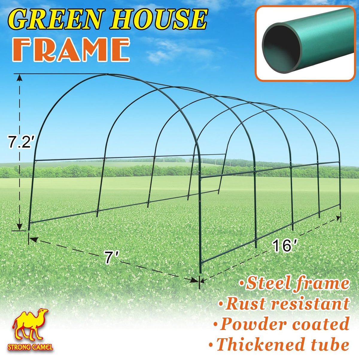 Strong Camel Greenhouse Replacement Frame for 16' X 7' X 7' Larger Hot Garden House , Support Arch Frame Climbing Plants/Flowers/Vegetables (16' X 7' X 7')