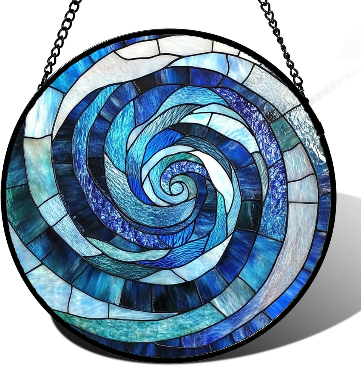 Stained Glass Window Hanging - Blue Abstract Swirl Suncatcher for Doors Garden Patio Unique Sun Catchers Decor Christmas Mother's Day Birthday Gifts for Women Men Mom Nana Friend 6.3 in