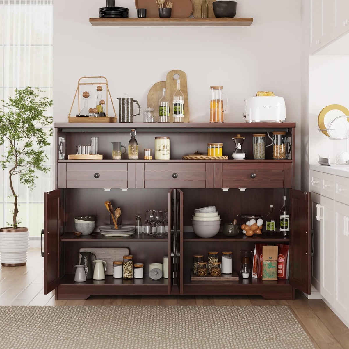 51" Dark Brown Buffet Sideboard Cabinet, Farmhouse Storage Cabinet Kitchen Pantry with Shelf and Drawers, Wood Cupboard Hutch Cabinet, Coffee Bar Station Table for Kitchen, Living Room, Dining Room