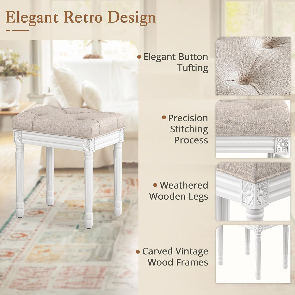 LUE BONA Upholstered Fabric Vanity Bench Seat, Makeup Stools for Vanity, Square Tufted Ottoman Bench with Carved White Legs for Bedroom Living Room, Linen Color