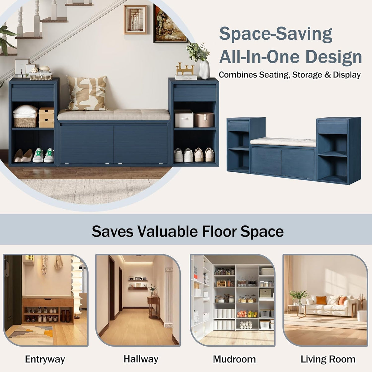 All in One Entryway Shoe Storage Bench with Cushion, Compartments, Drawers, Open Shelves for Hallway, Mudroom, Living Room Antique Navy