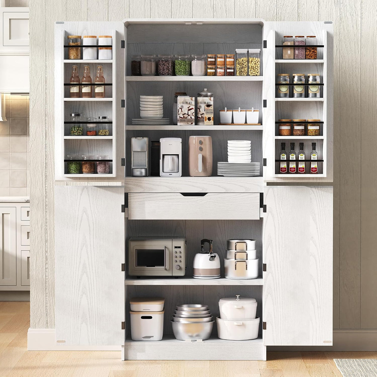72 Inch Farmhouse Kitchen Pantry Cabinet with Unique Curved Design, 4-Door Storage with 8 Adjustable Door Shelves, 3 Adjustable Shelves & Hidden Drawer, Freestanding (Curved Design + White)