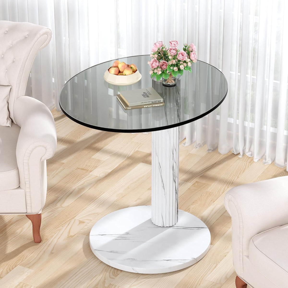 Hooseng Glass Round Coffee Table End Table, 22-Inch Modern Tempered Transparent Glass Top,Perfect for Living Room,Cafe,Home,and Office(White)