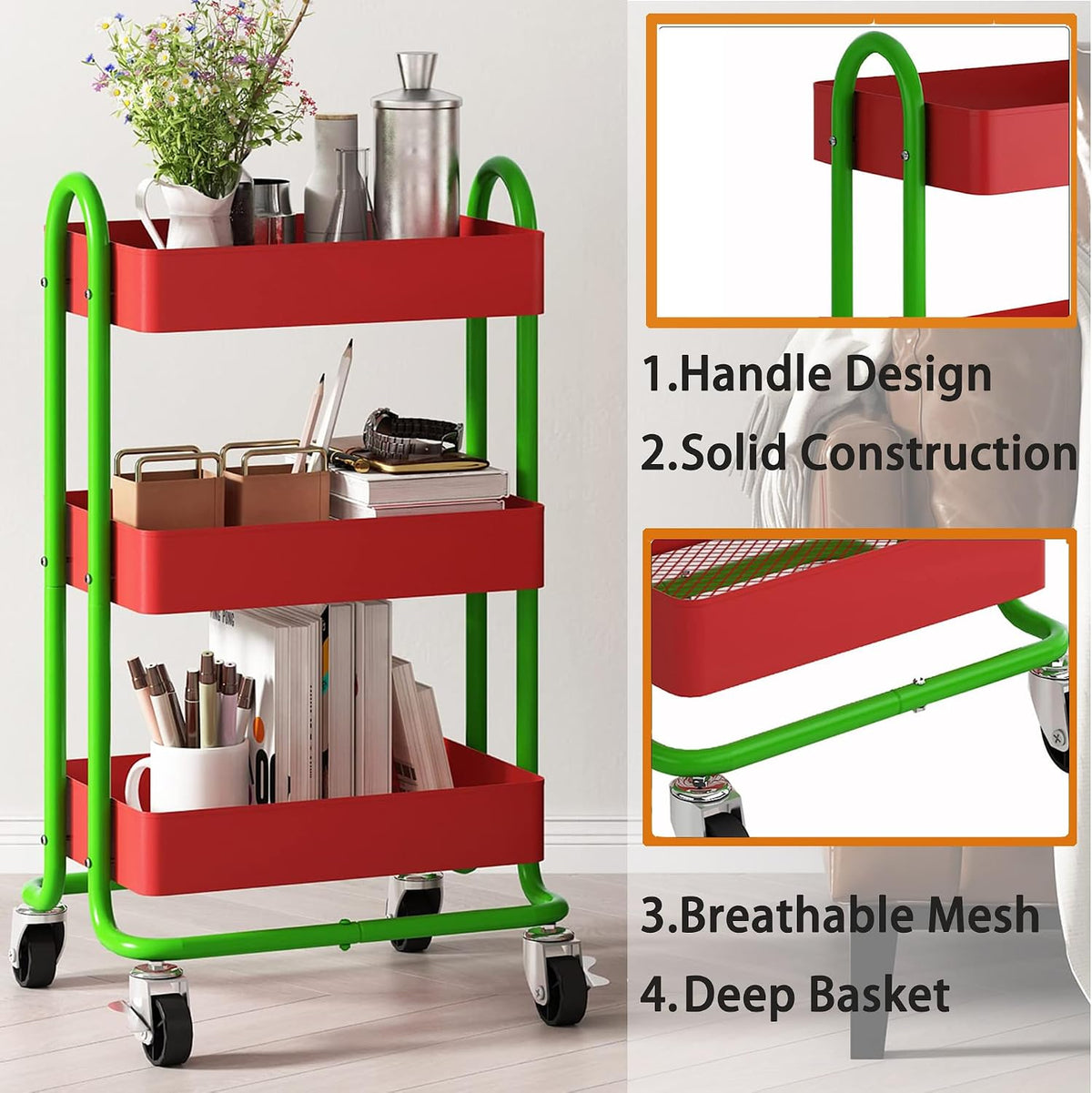 Metal Rolling Cart,3-Tier Metal Rolling Cart with Wheels,3 Tier Utility Cart with Wheels for Office,Home,Kitchen,Garden（13.4"x18.1"x31"） Red+Green