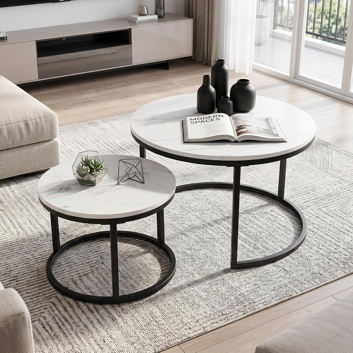 Nesting Coffee Table White Marble Pattern Wooden with Black Frame | 31.49" Round Coffee Tables for Living Room, Waiting Room, Apartment, Office, Balcony, Set of 2