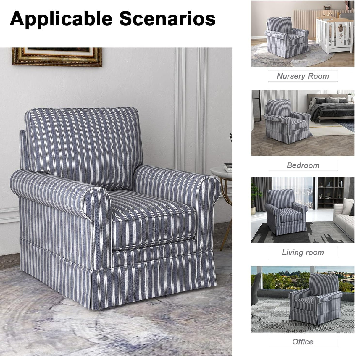 INZOY Swivel Accent Chair Set of 2, Mid Century Modern Reading Chair, Upholstered Swivel Square Chair for Living Room Bedroom Small Spaces, Fully Assembled, Blue Stripe
