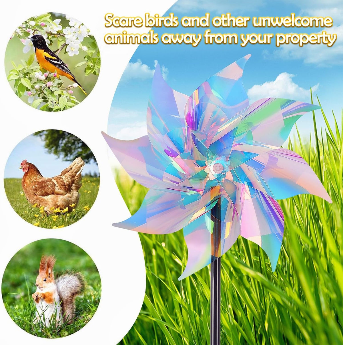 Hausse 10 Pack Reflective Pinwheels Wind Spinner, Extra Sparkly Pinwheel with Stakes, Bird Repellent Blinder Devices Deterrent to Scare Birds Away from Yard Patio Farm Garden, Transparent Rainbow
