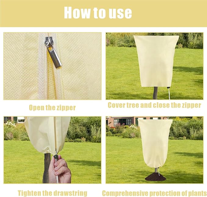 8 Pack Plant Covers Freeze Protection, 31.5"x47.2" Frost Blankets with Zipper Drawstring, Winter Cold Weather Plant Protection Jacket for Outdoor Plants Potted Shrubs Trees from Freeze Animals, Beige