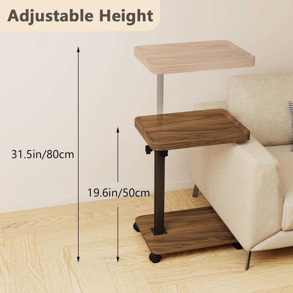 End Table, Adjustable Height Side Table, 360° Rotating MDF Veneer Sofa Side Table with Lockable Wheels, C-Shaped TV Tray Table for Living Room Bedroom (Walnut Brown)