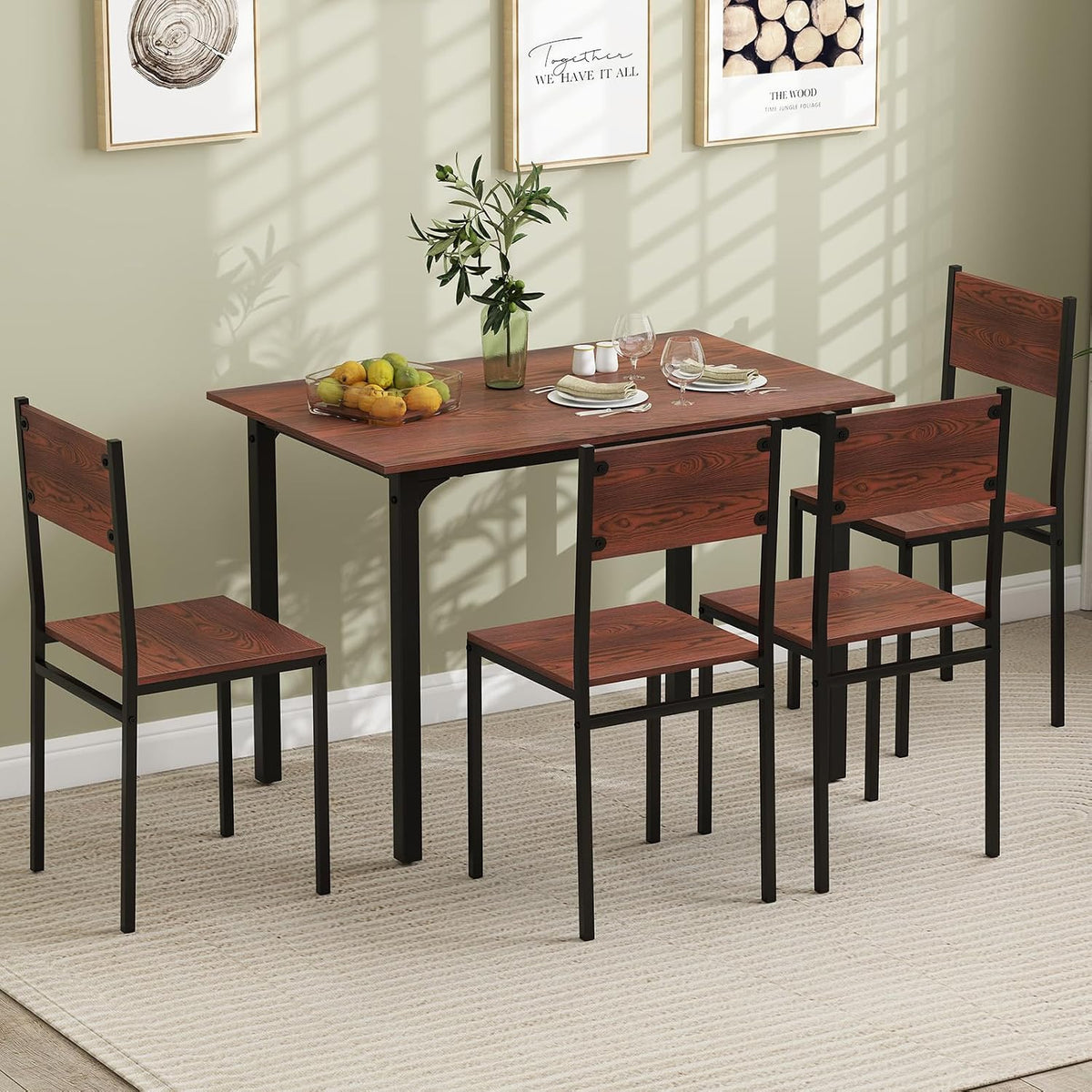 GOFLAME 5-Piece Dining Table Set, Industrial Kitchen Table and Chairs for 4 with Backrest and Metal Frame, Rectangular Space-Saving Dinette Set for Dining Room, Apartment, Small Space, Walnut