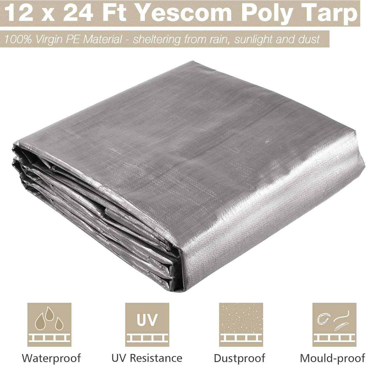 Yescom 12x24 Ft 14 Mil Heavy Duty Reinforced Poly Tarp Reversible Waterproof Tarpaulin Ground Sheet Cover Reversible Silver Black Tarps